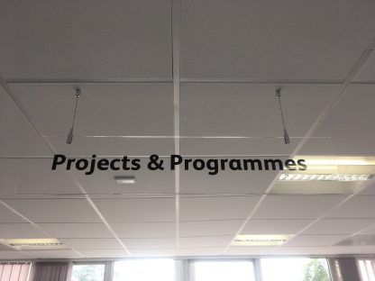 clear perspex hanging sign with wire and panels clamps