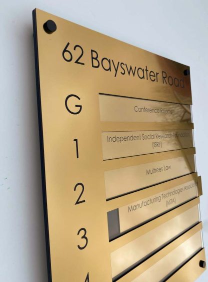 Brushed antique gold effect directory sign with removable nameplates