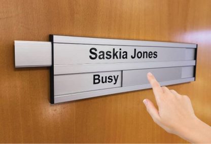 Aluminium interchangeable slider door sign with printed room name at top and in use vacant slider text at bottom