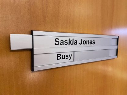 Aluminium interchangeable slider door signs. Self adhesive