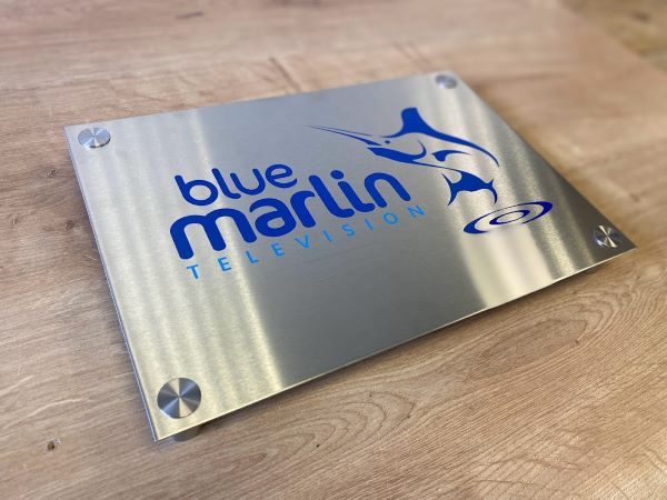 Blue Marlin TV stainless steel sign with steel stand off lockable fixings